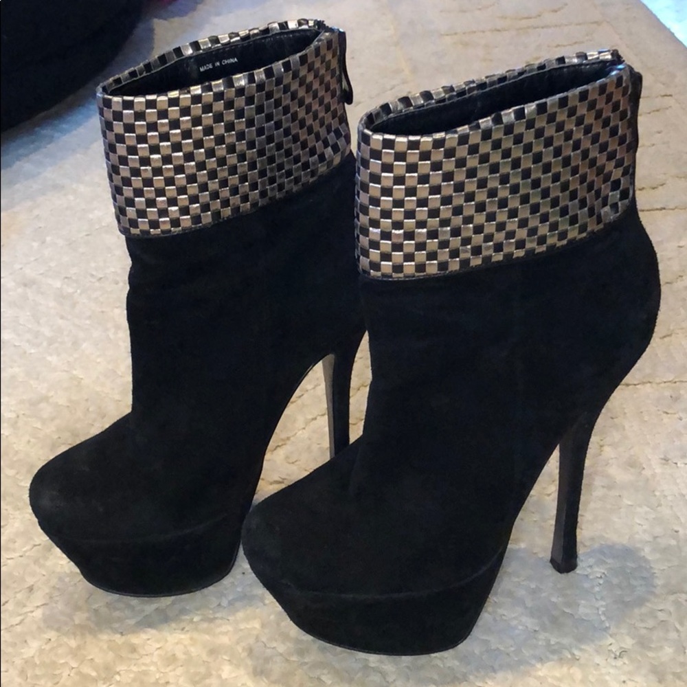 Bebe Black Suede Ankle Booties with Silver Detail